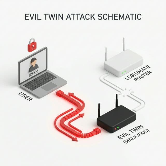 Schema eines Evil-Twin-Angriffs: Nutzer verbindet sich mit dem falschen Access Point